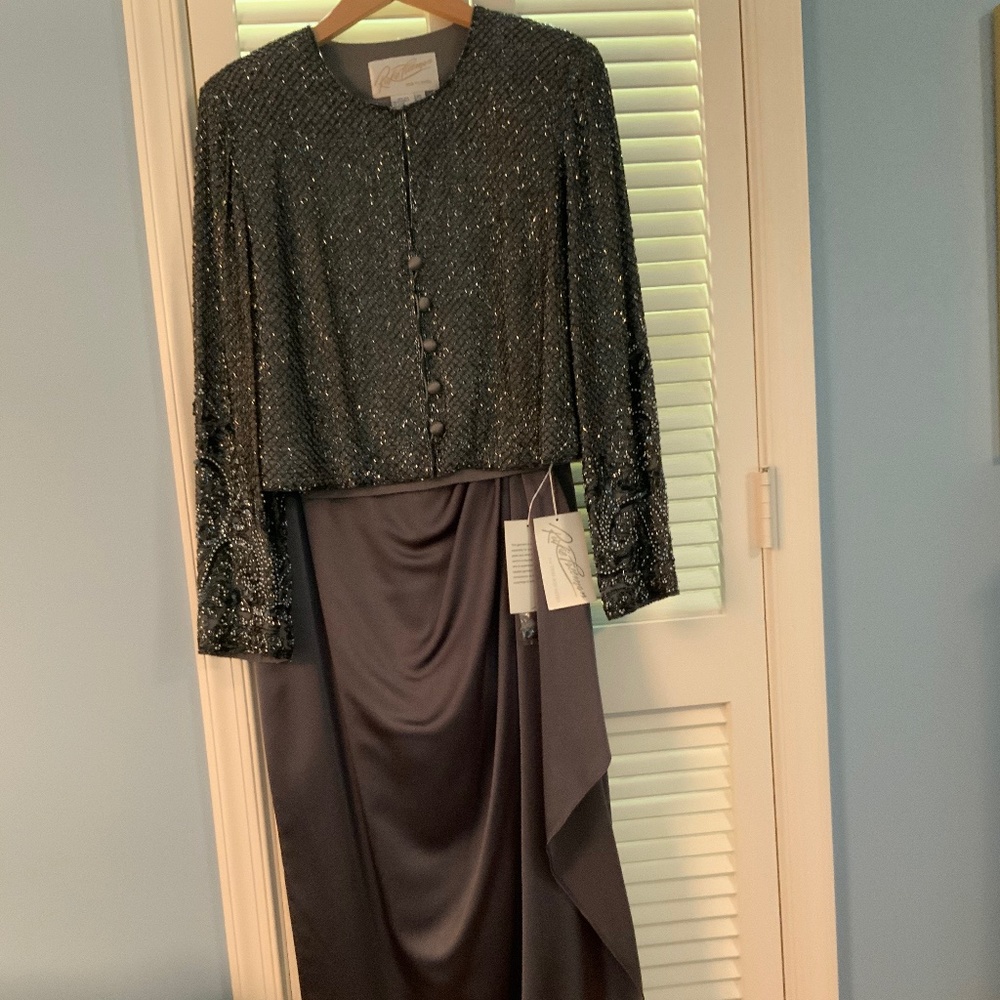Cocktail suit with long skirt and jeweled jacket